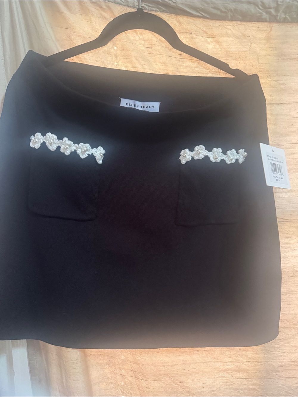 Ellen Tracy Black Mini Skirt with Pearl Floral Trim